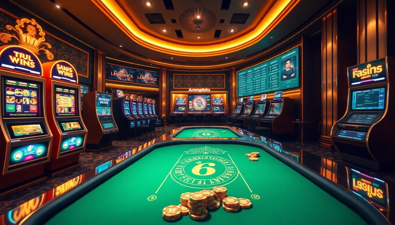 Entering the thrilling world of gambling with amanahtoto, featuring vibrant slots and poker tables.