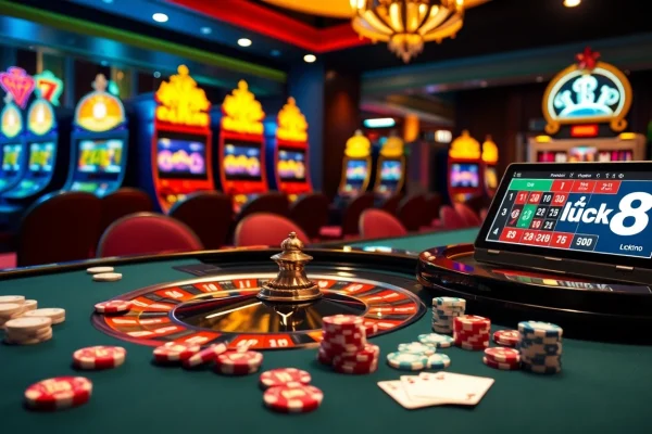 Experience the thrilling ambiance of Luck8 with a vibrant roulette table and glamorous casino elements.