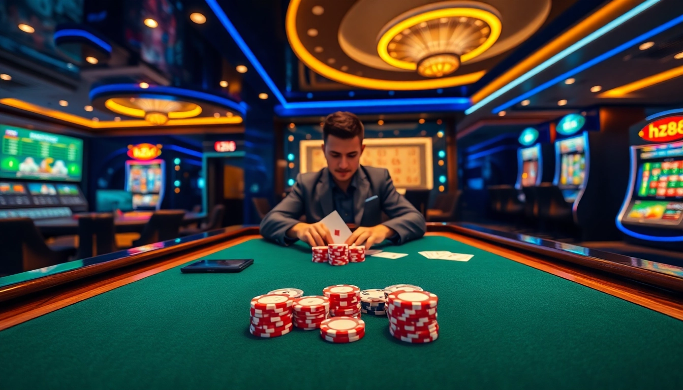 hz88 casino strategist placing winning bets with poker chips and cards in luxury setting