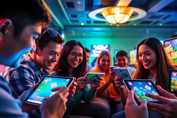 GO88 online gaming environment with players engaged in diverse games on smartphones and tablets.