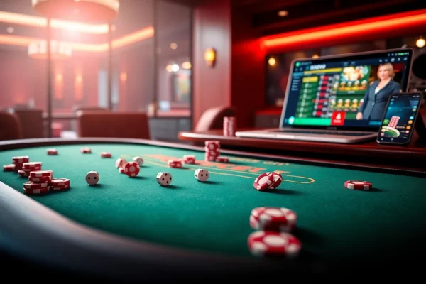 Engaging online casino illustration featuring sbobet link alternatif with poker chips and betting interface.