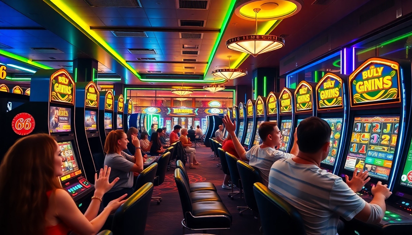 66 club players enjoying a vibrant online gaming experience with colorful slot machines.