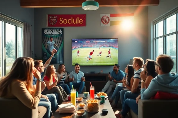 Socolive streaming event with fans enjoying live football in a vibrant living room.