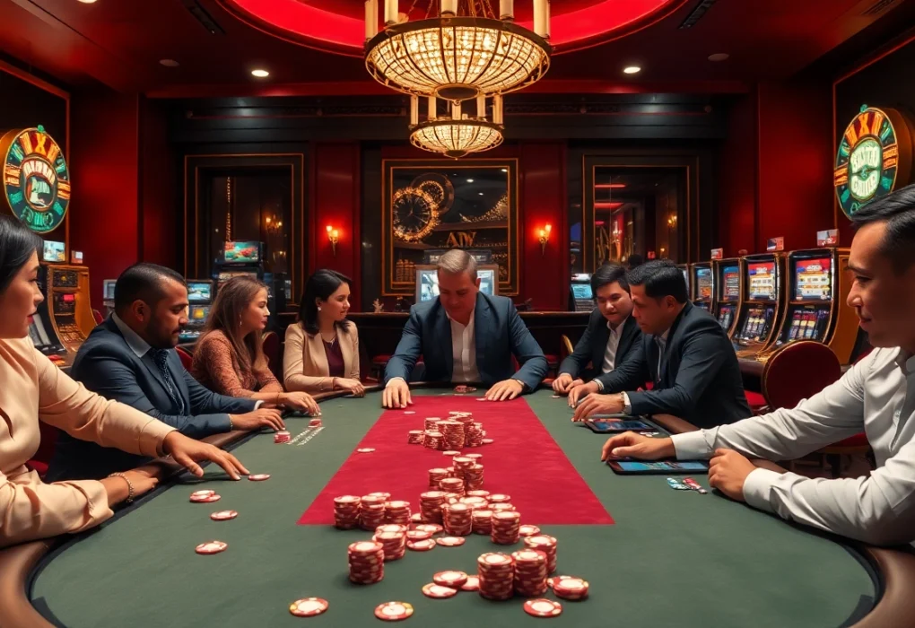 Players enjoying a thrilling game at F8BET poker table in an elegant casino setting.