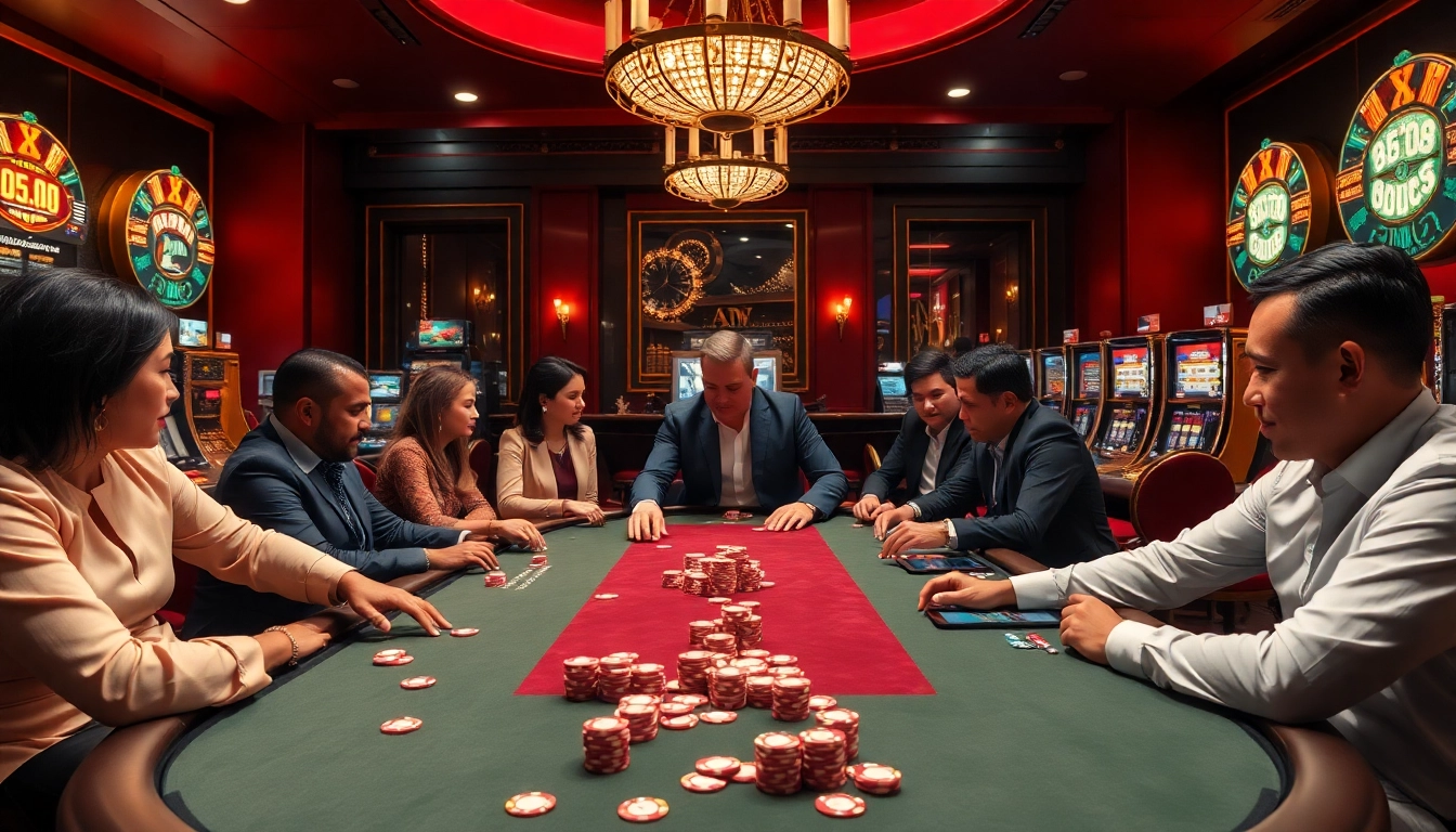 Players enjoying a thrilling game at F8BET poker table in an elegant casino setting.