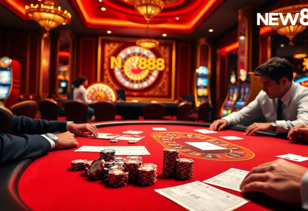 Experience the thrill of NEW888's vibrant casino atmosphere with poker action and roulette excitement.