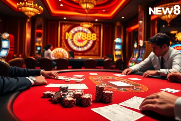 Experience the thrill of NEW888's vibrant casino atmosphere with poker action and roulette excitement.