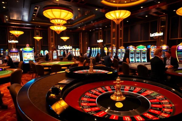 Players enjoying games at Luckywin casino with vibrant atmosphere and roulette table.