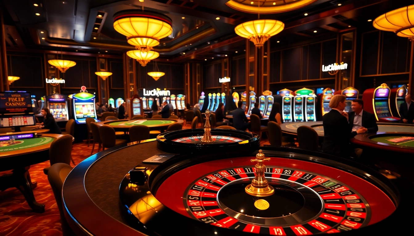 Players enjoying games at Luckywin casino with vibrant atmosphere and roulette table.