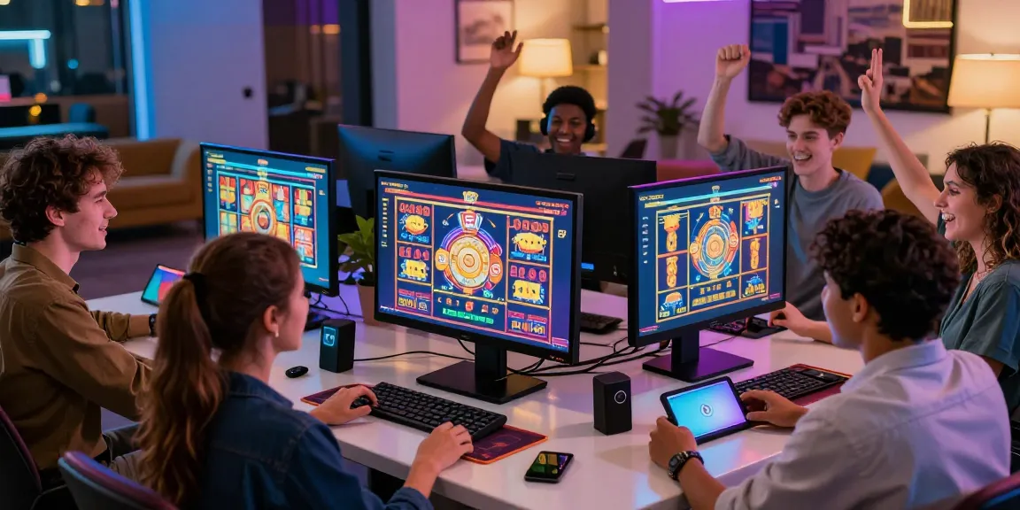 Exciting group playing new online casinos on digital devices in a colorful atmosphere
