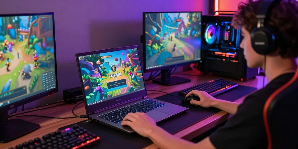 Engaging Raja Game login scene with a player at a gaming laptop, vibrant graphics, energetic atmosphere.
